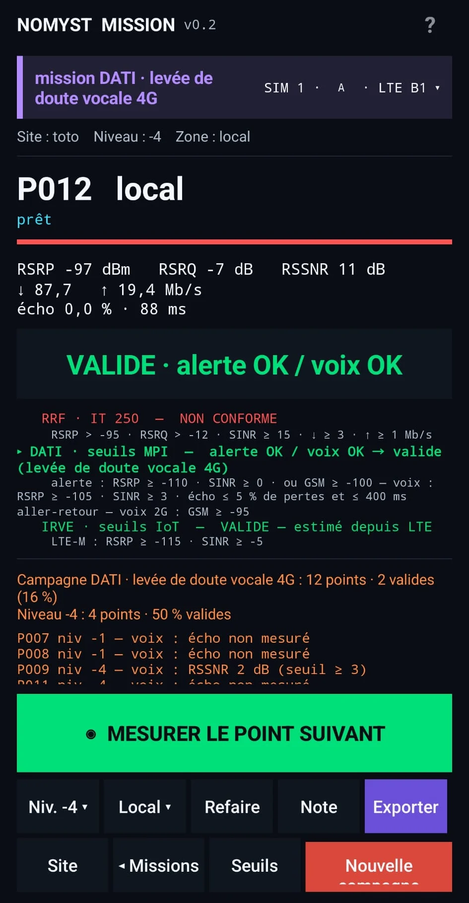 Relevé DATI dans Mission : point valide, alerte et voix