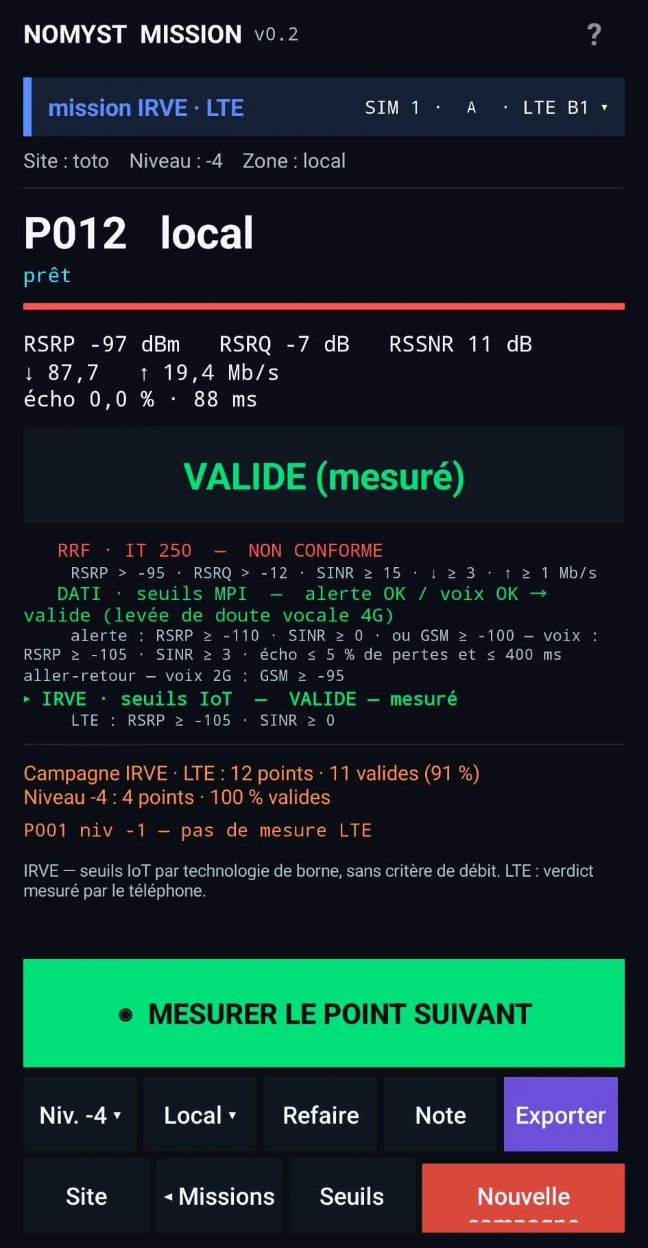 Relevé IRVE dans Mission : point valide mesuré en LTE