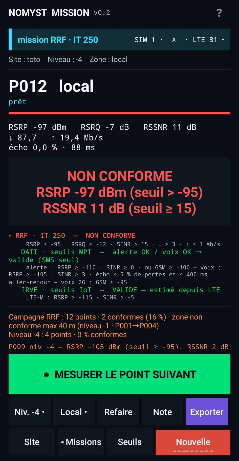Relevé RRF dans Mission : point non conforme avec valeurs et seuils