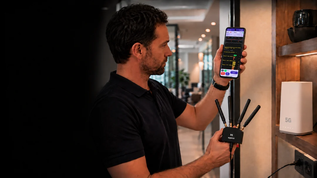 Technicien mesurant la couverture avec NoMYST Scout et son module multi-antennes