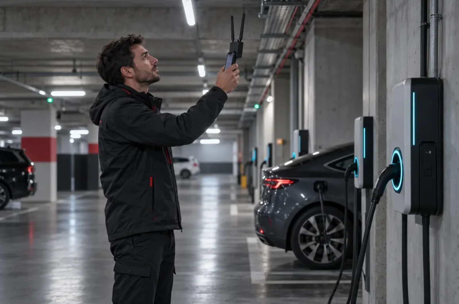 Technicien mesurant la liaison radio près des bornes de recharge d’un parking souterrain avec NoMYST